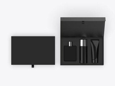 Beyaz arka planda boş parfüm deodorantı ve losyon hediye setleri. 3d illüstrasyon.