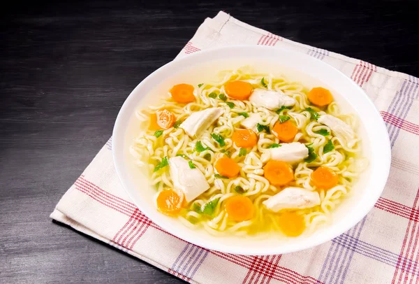 Homemade Chicken Soup Noodles Vegetables White Bowl Black Background Healthy — Foto de Stock