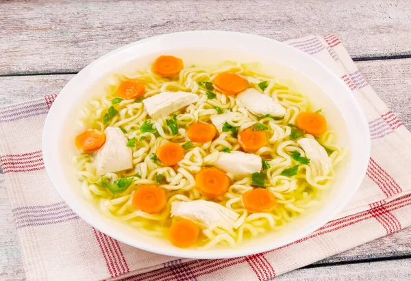 Homemade Chicken Soup Noodles Vegetables White Bowl Wooden Background Healthy Obrazek Stockowy