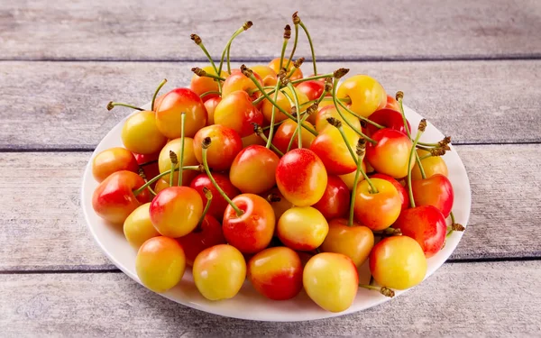 Yellow Fresh Cherry Plate Gray Wooden Background Delicious Cherry — Stock Photo, Image
