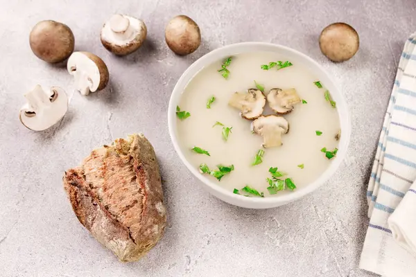 Homemade Mushroom Soup Bowl Gray Background Delicious Food Stock Photo