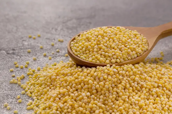 Çiğ Organik Sağlıklı Millet gri arka planda kaşıkta