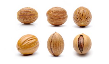 Nutmeg beyaz arkaplanda izole edildi. Hindistan cevizi ağacının tohumlarından elde edilen bir baharat