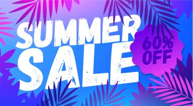 Baskı ya da web için palmiye yaprağı tasarımlı yaz indirimi posteri. Yaz indirimi şablon posteri, vektör illüstrasyonu. Bayrak tasarımı. Vektör illüstrasyonu.