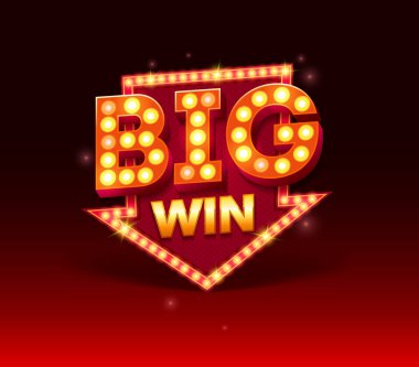 Lambalı geçmişe dönüş tabelası, Büyük Kazanan bayrağı. Poker, kumar makineleri, iskambil kağıtları, kumar makineleri ve rulet ile vektör illüstrasyon tasarımı. Kırmızı lamba vektör şablonu ile büyük bir zafer. Vektör illüstrasyonu.