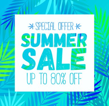 Yaz indirimi şablon posteri, vektör illüstrasyonu. Bayrak tasarımı. Baskı ya da web için palmiye yaprağı tasarımlı vektör yaz arkaplan posteri. Vektör illüstrasyonu.