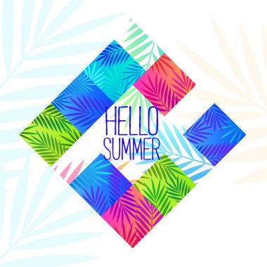 Palmiye yapraklı yaz hediye kartı. Beyaz arkaplanda izole edilmiş vektör çizimi. Tişört, poster, hediye kartı, el ilanı, baskı, broşür, web, illüstrasyon için tasarım öğesi. Vektör