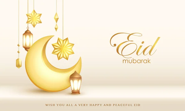 Islámský Sváteční Design Eid Mubarak Crescent Měsíc Hvězdou Lucerny Závěsné — Stockový vektor
