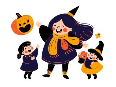 Cadılar Bayramı Kostümlü Şirin Çocuklar Grubu - El çizimi