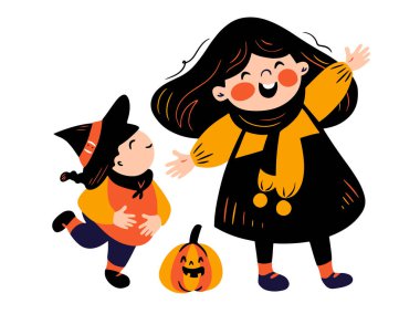 Cadılar Bayramı Kostümlü Şirin Çocuklar Grubu - El çizimi