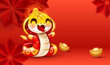 Çin Yeni Yılı şirin yılanı, oryantal kağıttan çiçek arkaplanda. Yılan Yılı. 