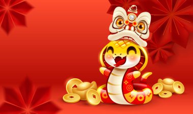 Çin Yeni Yılı şirin yılanı, oryantal kağıttan çiçek arkaplanda. Yılan Yılı. 