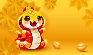 Çin Yeni Yılı şirin yılanı, oryantal kağıttan çiçek arkaplanda. Yılan Yılı. 