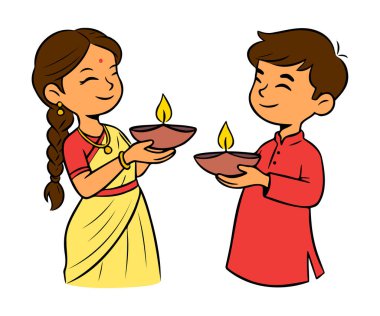 Hint Geleneksel Giysilerindeki Diwali Festivali Çocukları Diya Yağ Lambasıyla