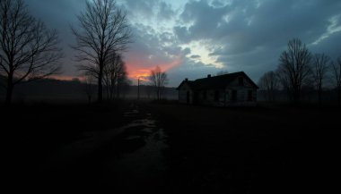 The image is a vertical view of a landscape at dusk, taken from a vantage point set back. The scene is dominated by tall, bare trees silhouetted against the backdrop of the setting sun. The sun, as clipart