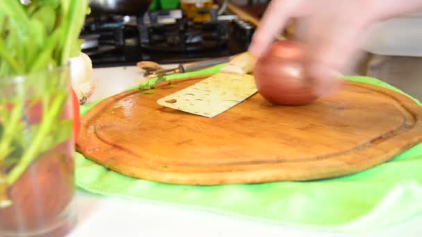 Close Chef Spinning Purple Onion Chopping Board High Quality Fullhd — Vídeos de Stock