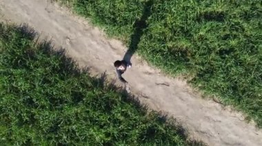 Anaokulu çocuğu, yeşil alanda tozlu bir yola bakıyor. Hava görüntüsü, dönen çekim. Yüksek kaliteli FullHD görüntüler