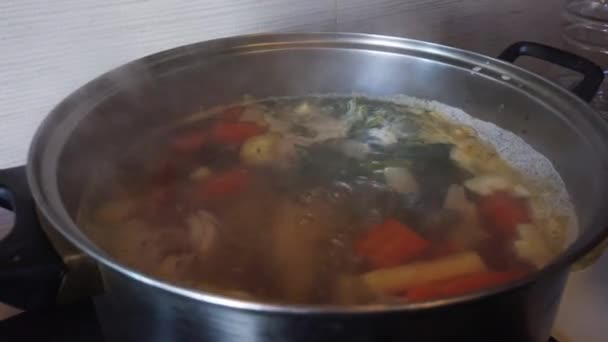 Vařící Polévku Kuchař Přiloží Víko Nad Hrnec Vařící Zeleninou Vysoce — Stock video