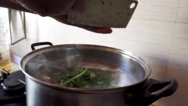 Cooking Soup Chef Dropping Choped Vegetables Boiling Water Slow Motion — Vídeo de Stock