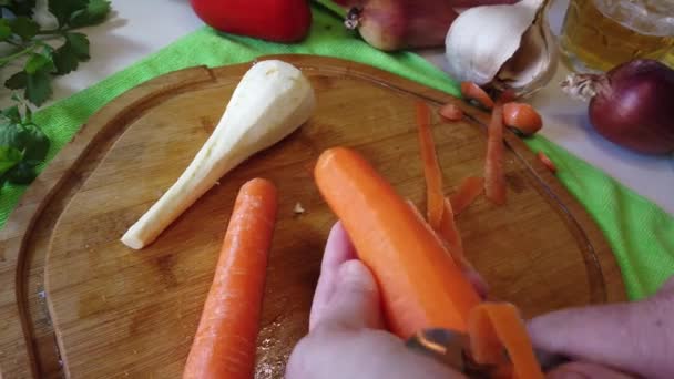 Karottenpudding Aus Nächster Nähe Anhäufen Gesunde Nahrungszubereitung Rohes Gemüse Hochwertiges — Stockvideo