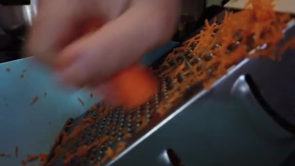 Male Hands Grating Carrot Grater Close Slow Motion Shot High — Vídeos de Stock