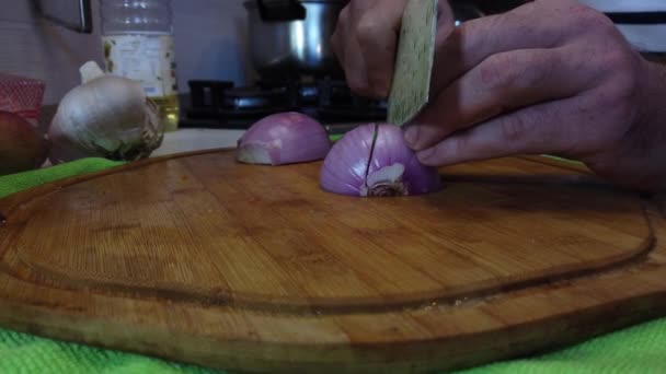 Close Man Hands Cutting Onions Salad Preparing Slicing Red Onion — Vídeo de Stock
