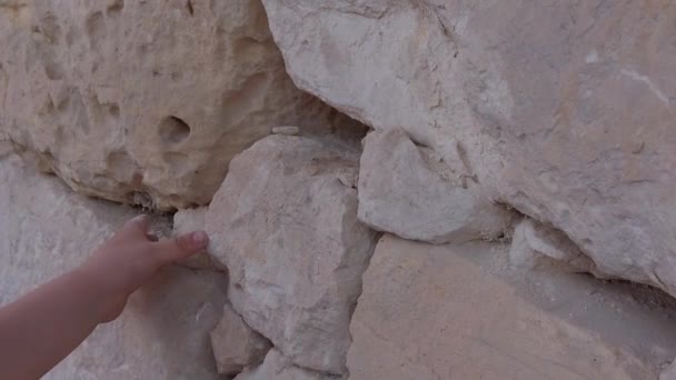 Close Childs Hand Touching Limestone Wall Slow Motion High Quality — Stock video