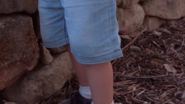 Revealing Shot Toes Shoulders Cute Toddler Playing Stone Park Slow — Stok video