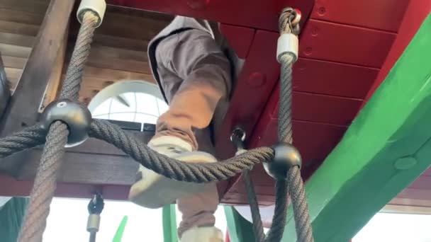 Feliz Niño Edad Preescolar Escalando Las Cuerdas Parque Vista Ángulo — Vídeos de Stock