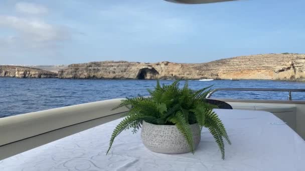 Dining Yacht Malta Comino Island Dinning Table Plant Anchored Yacht — Stock Video