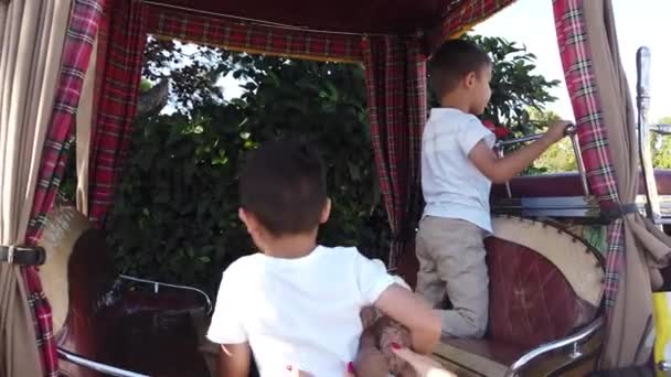 Dwóch Chłopców Rodzeństwo Podekscytowane Jazdą Powozem Konnym Zwolnij Trochę Wysokiej — Wideo stockowe