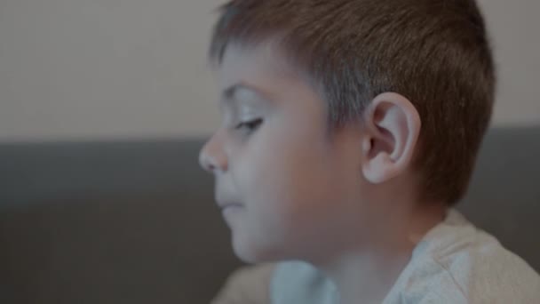 かわいい少年プリスクールの子供の顔の表情 幼稚園児は屋内で何かを読んでいる 高品質の4K映像 — ストック動画