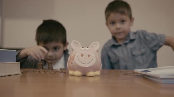 Haushaltsführung Und Kinderersparnisse Zwei Brüder Die Geld Zählen Der Jüngere — Stockvideo