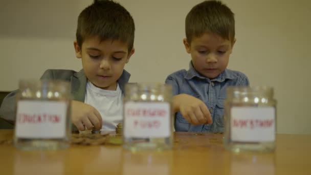 Költségvetés Pénzügyi Oktatás Megtakarítás Gyerekeknek Koncepció Testvérek Hogy Disussion Pénz — Stock videók