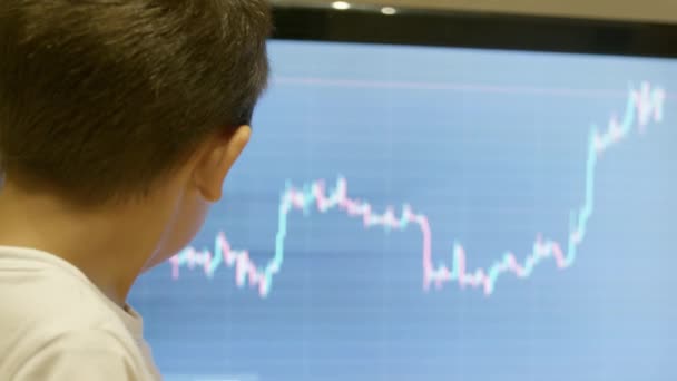 Financial Literacy Cute Boy Analyzing Stock Market Candlestick Chart Slow — Stock Video