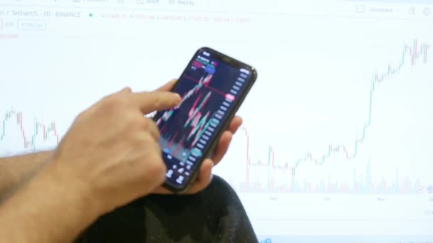 Qawra Malta 2023 Apple Stock Chart 金融分析师在股市上买进股票 有人用电话分析股市 有选择的重点 高质量的4K镜头 — 图库视频影像