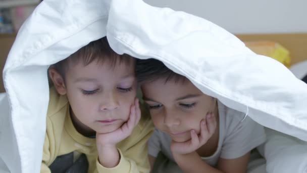 Aranyos Testvérek Néz Rajzfilmeket Ágyban Takaróval Borított Hideg Téli Napon — Stock videók