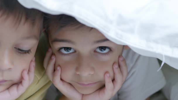 Двоє Дітей Дивляться Мультфільми Ліжку Вкриті Ковдрою Холодний Зимовий День — стокове відео