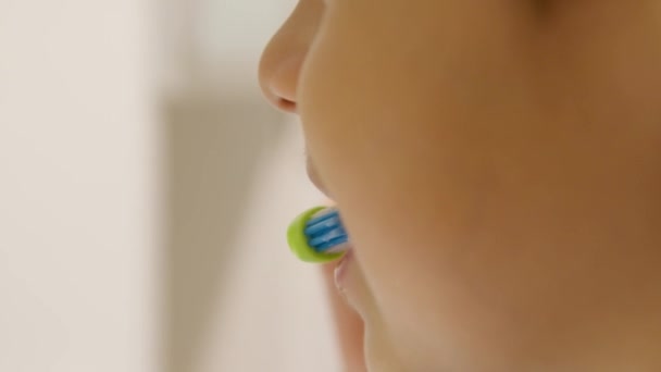 Dental Hygiene Child Boy Brushing His Teeth Bathroom Close High — Stock Video