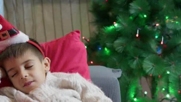 おかしいクリスマス サンタハットの小さな男の子は クリスマスツリーの近くのソファーでサンタクロースをキャッチできるように眠るふりをしている 高品質の4K映像 — ストック動画