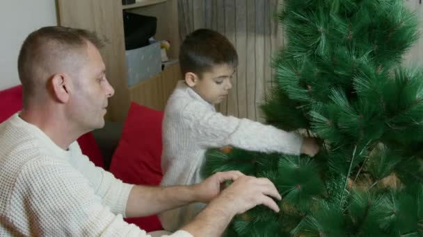 父と息子が人工的なクリスマスツリーを一緒に組み立てます クリスマス休日と質の高い家族の時間 高品質の4K映像 — ストック動画