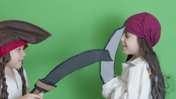 Pirates Fight Cutlasses Cute Brothers Dressed Pirates Playing Isolated Green — Stock Video