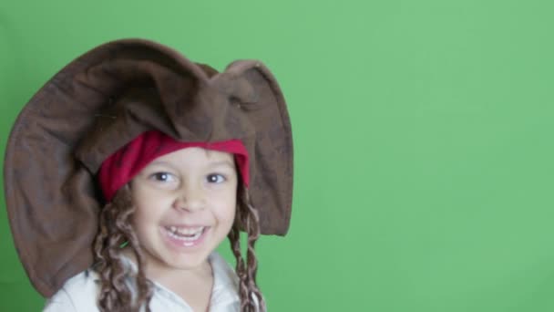 Cute Pirate Preschool Boy Making Angry Face Slicing Camera His — Stock Video