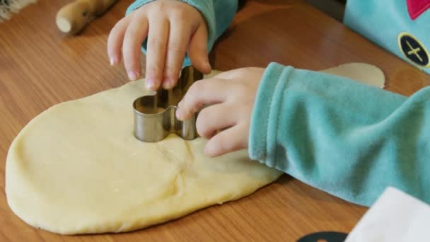 Seorang Anak Menggunakan Pemotong Kue Gingerbread Dan Membuat Kue Natal — Stok Video