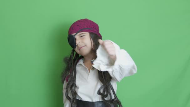 Cute Child Dressed Pirate Showing Thumb Wink Isolated Green Screen — Stock Video