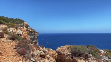 Etrafta martıların uçtuğu ve adaya doğru giden teknelerin olduğu güzel Comino Adası kayalıkları. Engebeli arazide yürüyüş yolu. Yüksek kalite 4k görüntü