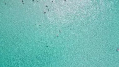 İnsanlar kristal berrak turkuaz deniz suyunda yüzüyorlar. Comino Adası, Malta, Havadan yukarıdan aşağıya doğru görüş. Yüksek kalite 4k görüntü