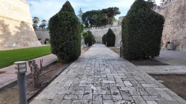 Mdina, Malta 23.11.2024 - Mdina duvarları etrafında güzel bir park ve yeşillik. Yüksek kalite 4k görüntü