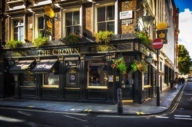 London, UK, Sept 2022, view of The Crown facade, a pub in Soho at the corner of Brewer and Lower James street