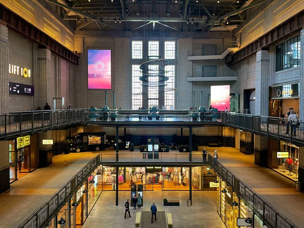 stock image England, United Kingdom, April 17th 2023, view of the art deco turbine hall A in Battersea Power Station giving access to Lift 109, a platform on the west chimney with a 360 degree view of the capital